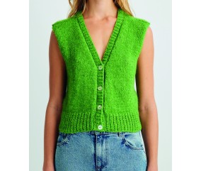 Gilet sans manches Pancakes vert pomme en jersey, tricoté d'une pièce - Patron tricot Pingouin - modèle fini