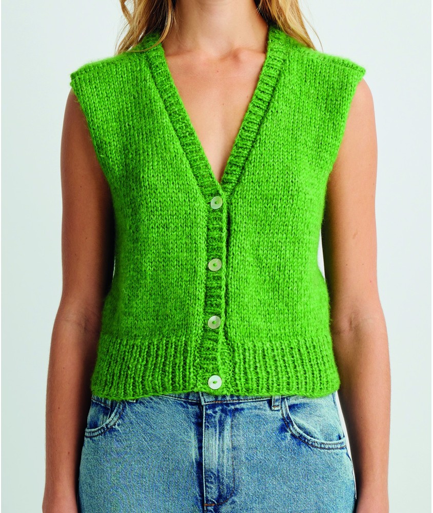 Gilet sans manches Pancakes vert pomme en jersey, tricoté d'une pièce - Patron tricot Pingouin - modèle fini