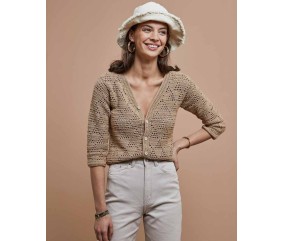 Gilet Pénélope au crochet coloris seigle, point fantaisie ajouré - Patron Phildar - modèle fini