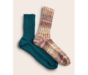 Chaussettes Elsy en côtes 2/2, coloris paon et imprimé jacquard marron - Patron tricot Phildar - modèle fini