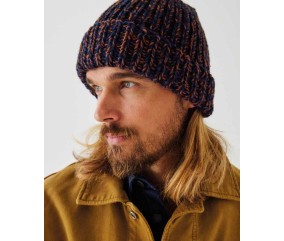 Bonnet Isaac mouliné en côtes 1/1, coloris ourson, marine et naturel chiné - Patron tricot Phildar - modèle fini