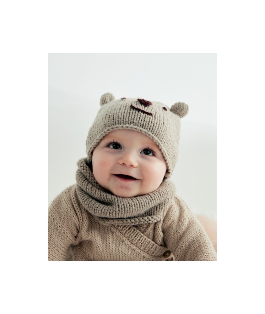 Bonnet ourson et snood Bazile en jersey naturel chiné, sur un bébé - Patron tricot Phildar