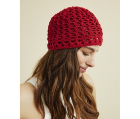 Chapeau Kiara au crochet en coton, coloris rouge, point fantaisie ajouré - Patron crochet Pingouin - modèle fini