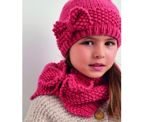 Snood Kelly fille en point de riz, rose des sables, demi-noeuds boutonnés - Patron tricot Phildar - modèle fini