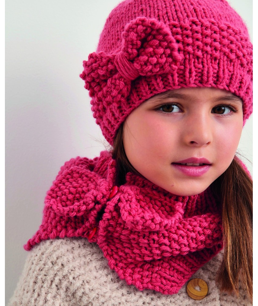Snood Kelly fille en point de riz, rose des sables, demi-noeuds boutonnés - Patron tricot Phildar - modèle fini