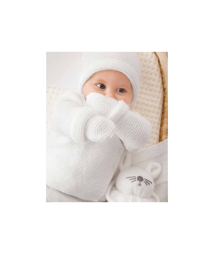 Moufles Casey layette au point mousse, coloris blanc, taille 0/3 mois - Patron tricot Phildar - modèle fini
