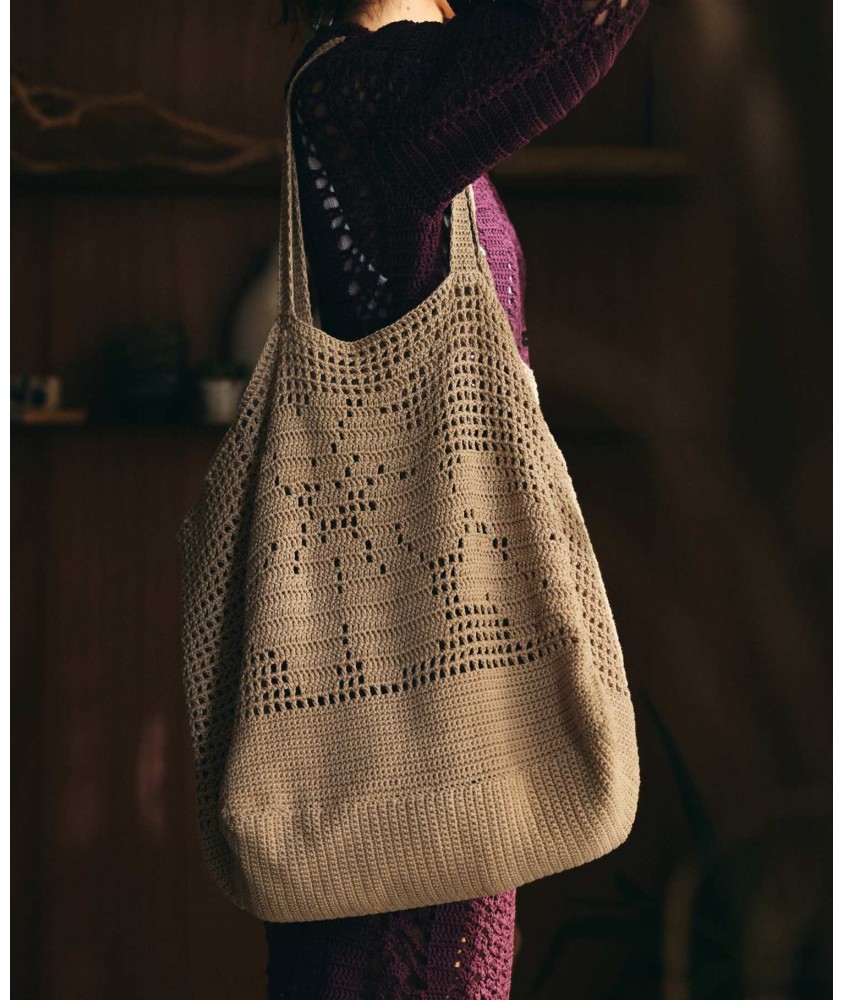 Sac Bonifacio au crochet en coton chanvre, grille de brides et point fantaisie, 37 x 37 cm - Patron Pingouin