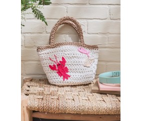 Sac Cagliari au crochet en corde ecrue avec homard rouge et bulot crochetes en application - Patron Pingouin