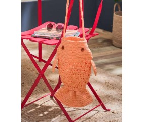 Sac Messine en forme de poisson au crochet, fil effet raphia blush abricot, nageoires et yeux - Patron Pingouin