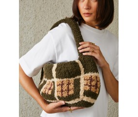 Sac Dickson tricoté en jacquard bouclette kaki, beige, camel et café, 29 x 21 cm - Patron tricot Pingouin