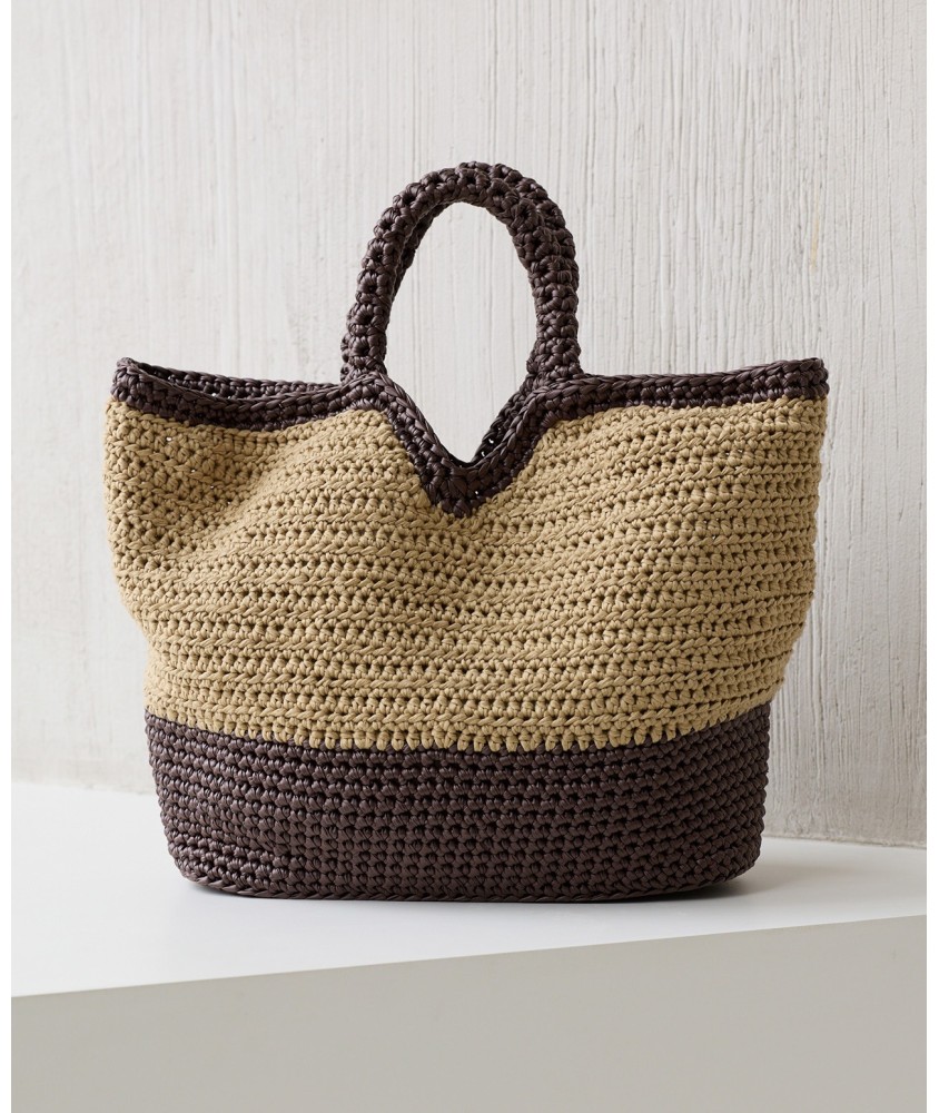 Sac Olympie au crochet, cordon brillant chocolat et raphia naturel, 50 x 33 cm - Patron Pingouin