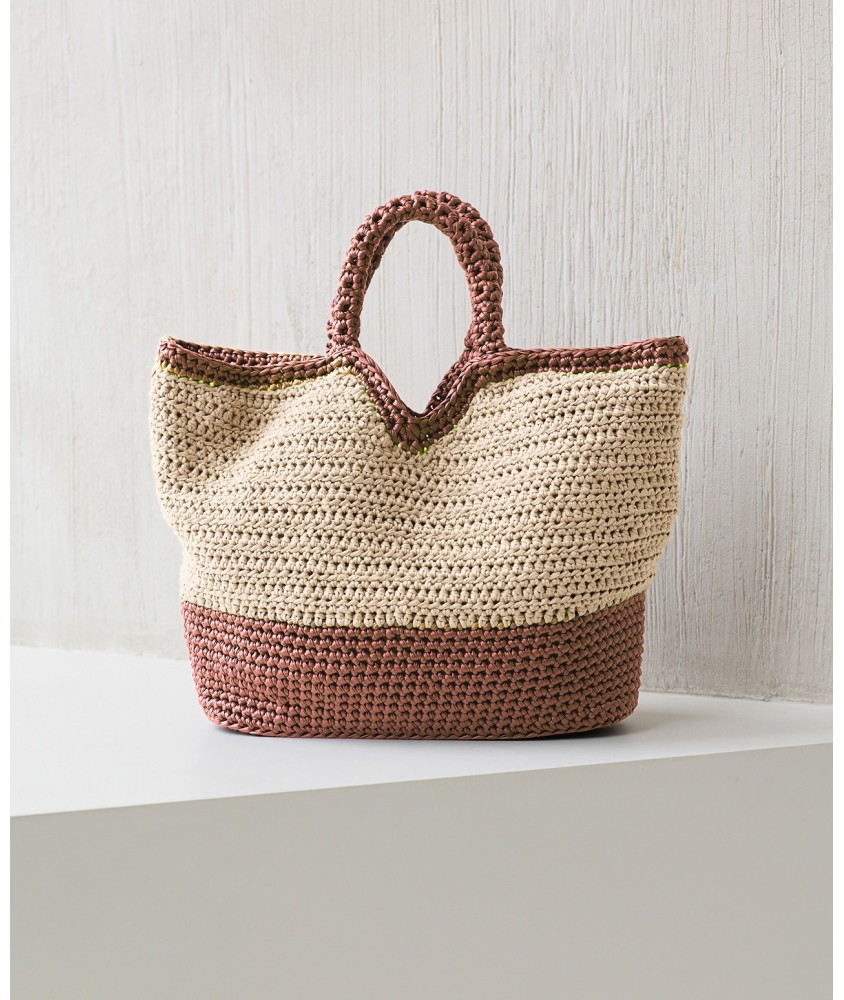 Sac Olympie au crochet, cordon brillant ambre doré et raphia écru, 50 x 33 cm - Patron Pingouin