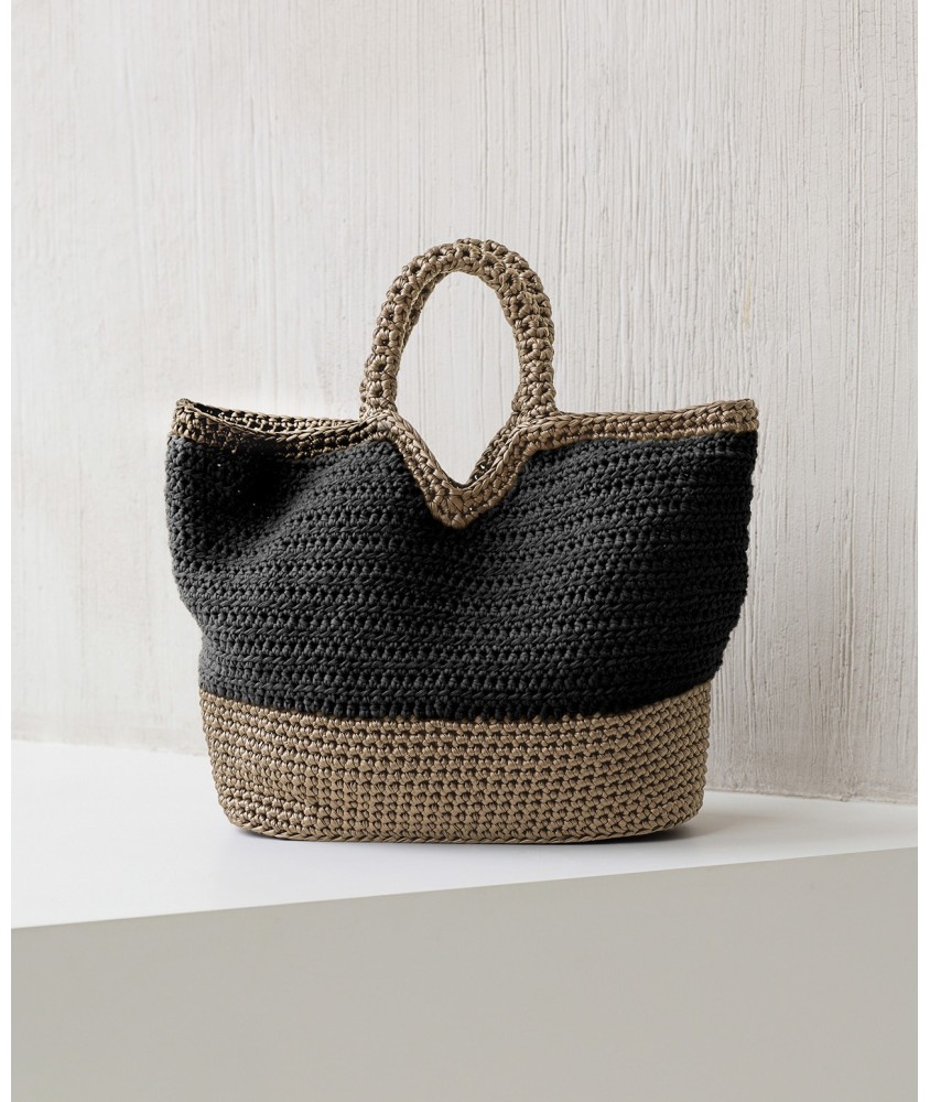 Sac Olympie au crochet, cordon brillant sand et raphia noir, 50 x 33 cm - Patron Pingouin