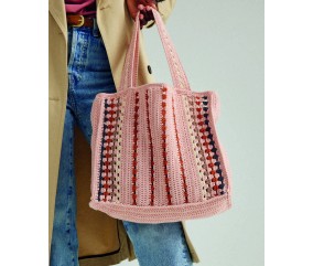 Sac Fify au crochet en coton rose avec rayures verticales multicolores, 34 x 28 cm - Patron Phildar