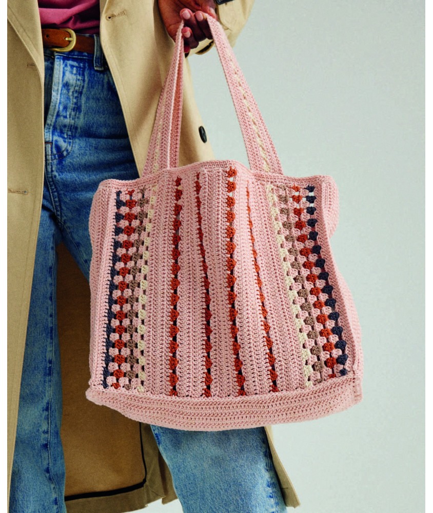 Sac Fify au crochet en coton rose avec rayures verticales multicolores, 34 x 28 cm - Patron Phildar