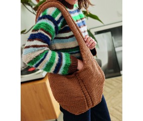 Sac Ursula tricoté en fil déco marron glacé, bande ajourée centrale, 40 x 26 cm - Patron tricot Pingouin
