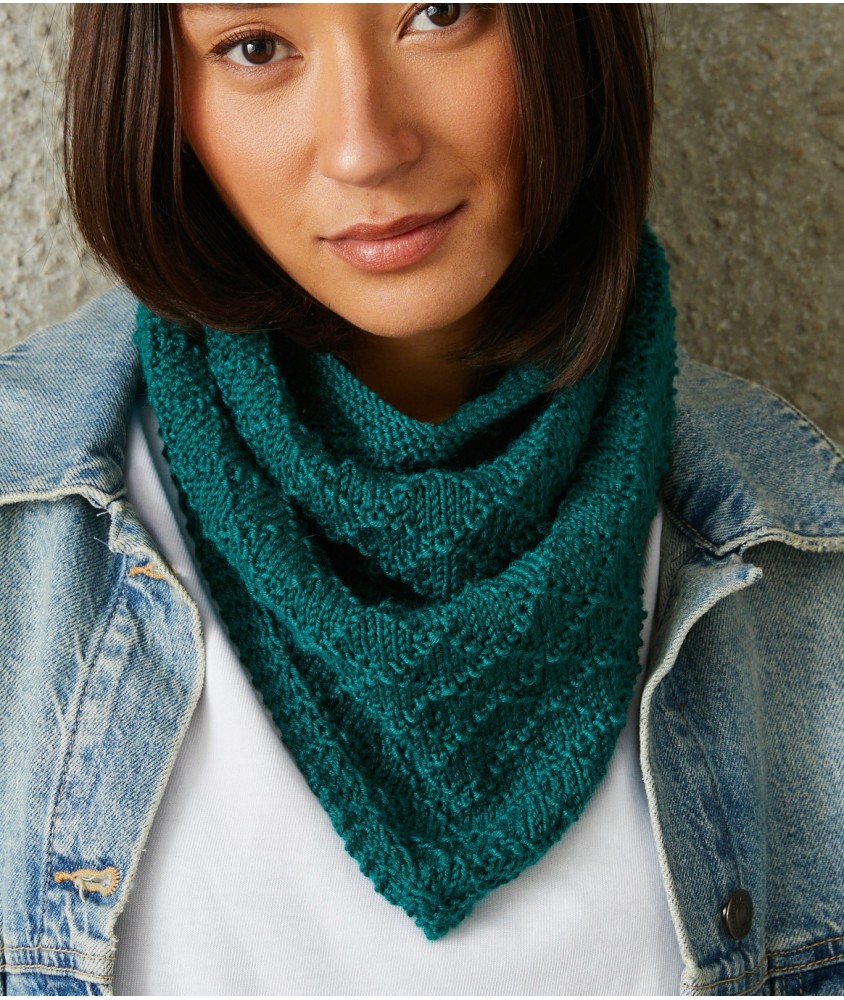 Foulard Dalil triangulaire tricoté en point fantaisie, coloris vert canard, 94 x 41 cm - Patron Pingouin