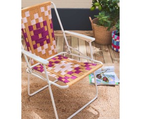 Toile de chaise Bari tissée en corde curcuma, champagne rosé et aubergine - Patron crochet Pingouin