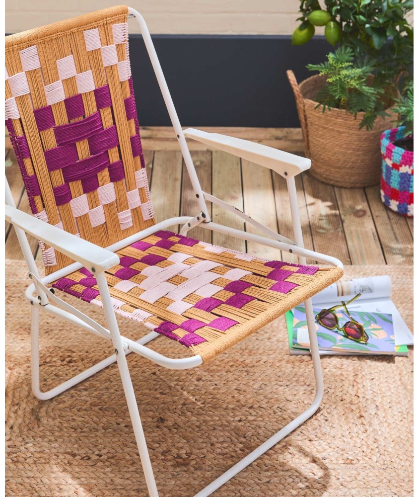 Toile de chaise Bari tissée en corde curcuma, champagne rosé et aubergine - Patron crochet Pingouin
