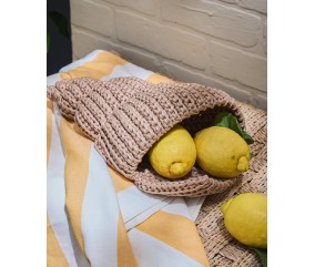 Panier Vicence crocheté en forme de coquillage, cordon brillant sable, garni de citrons - Patron crochet Pingouin