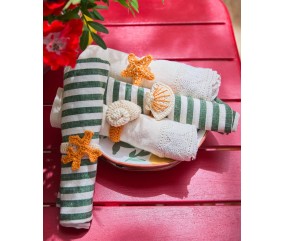 Ronds de serviette Turin au crochet, motifs étoile de mer et coquillage en coton orange - Patron Pingouin