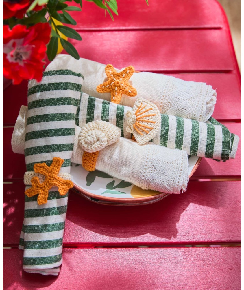 Ronds de serviette Turin au crochet, motifs étoile de mer et coquillage en coton orange - Patron Pingouin
