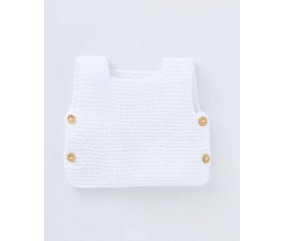 Pull sans manches Lee tricoté au point mousse blanc, quatre boutons en bois, posé à plat - Patron tricot Phildar