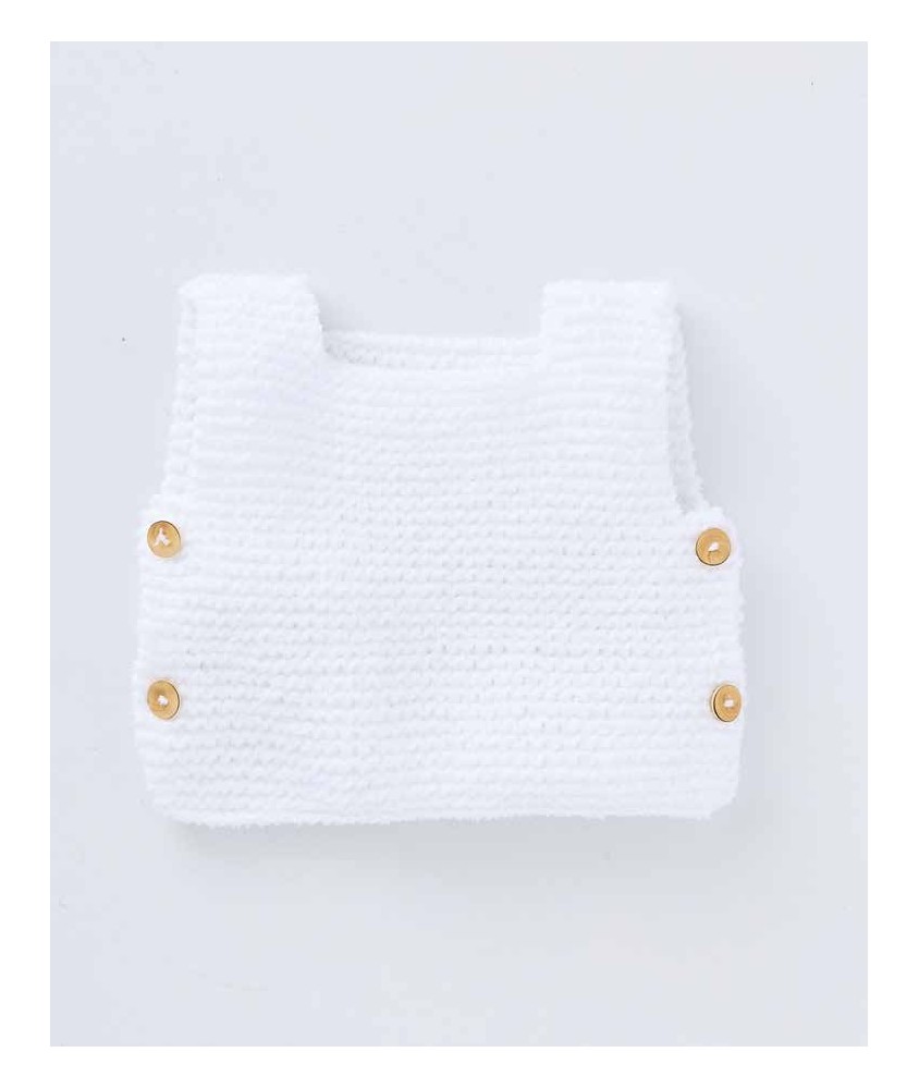 Pull sans manches Lee tricoté au point mousse blanc, quatre boutons en bois, posé à plat - Patron tricot Phildar