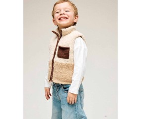 Gilet sans manches Yotis en bouclette beige avec poche chocolat et fermeture éclair - Patron Phildar