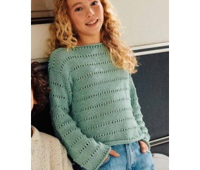 Pull Diana tricoté en lyocell vert d'eau, rayures de jersey et de point ajouré - Patron tricot Phildar