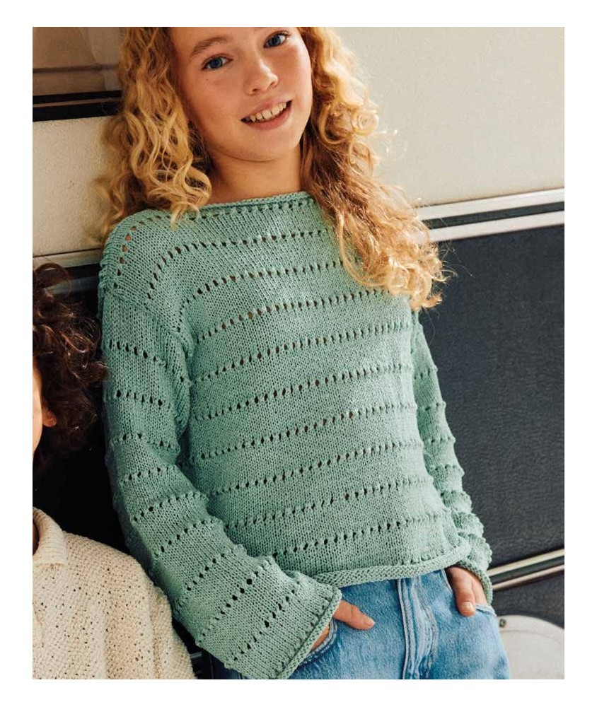 Pull Diana tricoté en lyocell vert d'eau, rayures de jersey et de point ajouré - Patron tricot Phildar