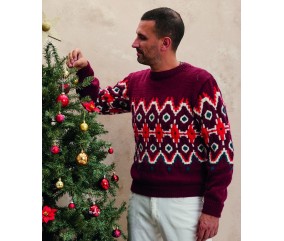 Pull Achille bordeaux à jacquard nordique rouge, écru et paon, porté par un homme - Patron tricot Phildar