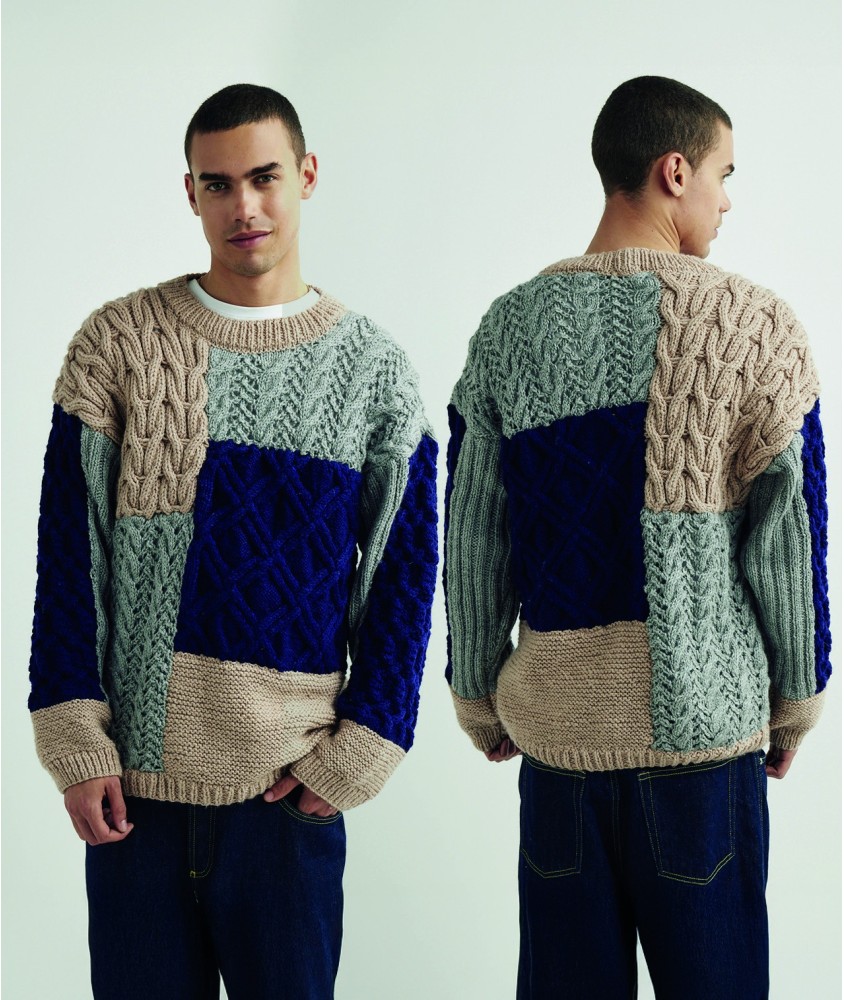Pull Solveig en patchwork de torsades lin, indigo et souris, vu de face et de dos - Patron tricot Pingouin