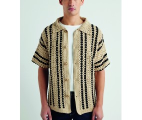 Chemise Saidou crochetée en coton chanvre à colonnes noires, col chemise et boutons - Patron crochet Pingouin
