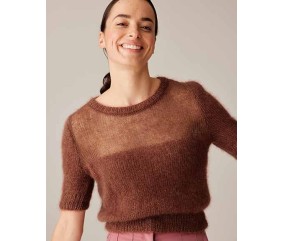 Pull Xana praline en mohair et soie, manches courtes et empiècement transparent - Patron tricot Phildar