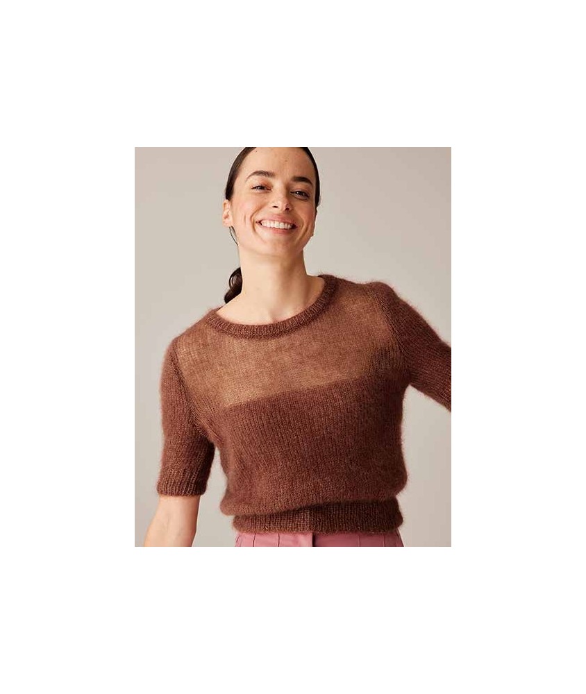 Pull Xana praline en mohair et soie, manches courtes et empiècement transparent - Patron tricot Phildar