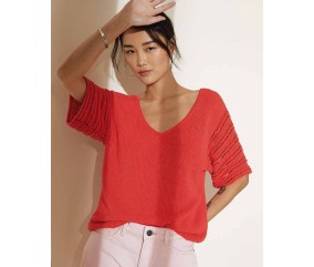 Pull Rosamay coquelicot à col V, manches courtes ajourées en viscose de bambou - Patron tricot Phildar
