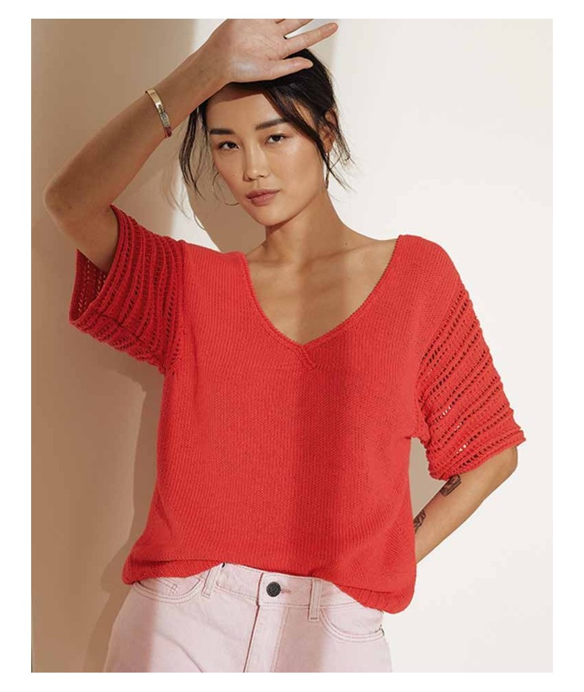 Pull Rosamay coquelicot à col V, manches courtes ajourées en viscose de bambou - Patron tricot Phildar