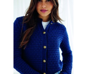Veste Corine bleu marine en coton, point fantaisie, col rond et boutons dorés - Patron tricot Phildar