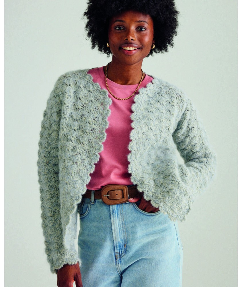 Veste Franka vert glacier au crochet, point fantaisie à motifs en relief - Patron crochet Phildar