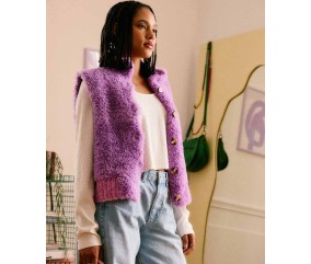 Gilet sans manches Sicely lilas en fausse fourrure, col châle et six boutons - Patron tricot Pingouin