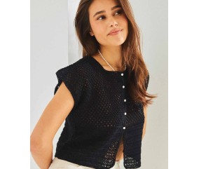 Gilet sans manches Stéphanie noir au crochet, doubles brides et point damier - Patron crochet Phildar
