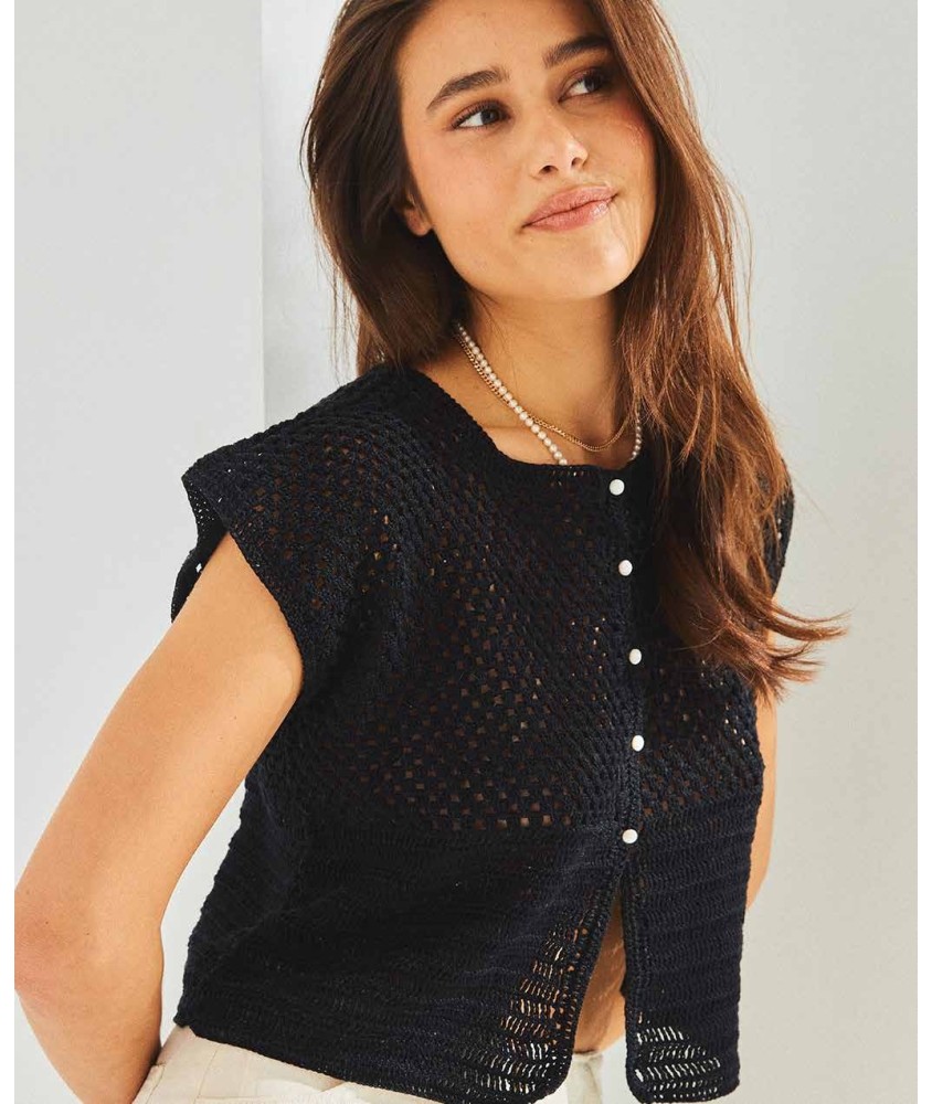 Gilet sans manches Stéphanie noir au crochet, doubles brides et point damier - Patron crochet Phildar