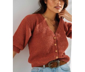 Gilet Suzy terracotta au point de riz, col V et manches trois-quarts à revers - Patron tricot Phildar