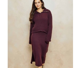 Jupe longue Basma brun auburn en jersey, ceinture en jersey double et fente latérale - Patron tricot Phildar