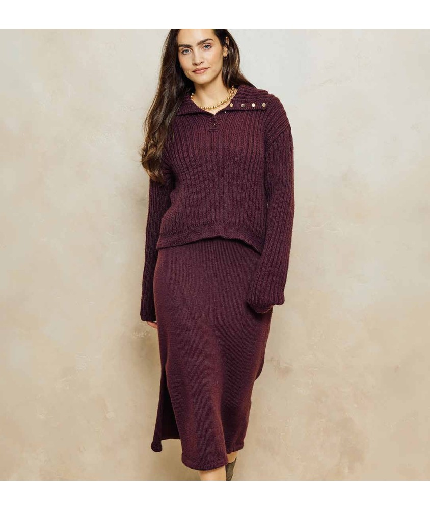 Jupe longue Basma brun auburn en jersey, ceinture en jersey double et fente latérale - Patron tricot Phildar