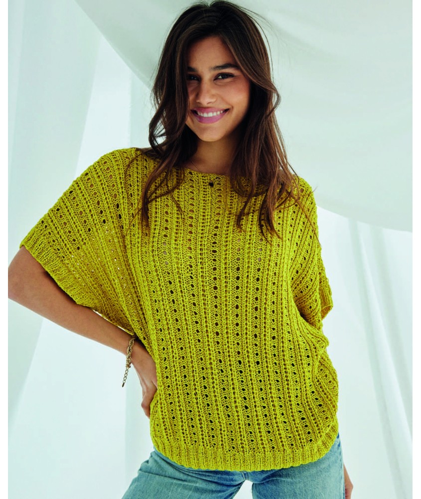 Pull sans manches Catrina citrus en lyocell, point fantaisie ajouré et bandes d'emmanchures - Patron Phildar