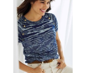 Pull Ceyda bleu de mer chiné à manches courtes, empiècement circulaire et huit boutons dorés - Patron Phildar