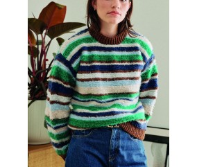 Pull Erin au crochet, rayures vertes bleues et écrues, col et bordures chocolat - Patron crochet Pingouin