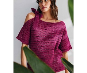Pull Ezya bougainvillier au crochet, jours horizontaux et épaule droite nouée par deux liens - Patron Phildar
